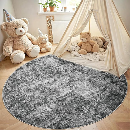 Round Rug 5ft Circle Rug Washable: Carpet Small Circular Area Rug for Entryway Kitchen Bedroom Dining Room Living Room 5 Feet Abstract College Dorm Non Slip Low Pile Black Grey