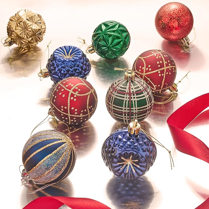 Valery Madelyn Ornaments for Christmas Trees, 9ct 2.36 Inches Red Green and Gold Shatterproof Christmas Tree Decorations, Luxury Hanging Ball Ornaments for Xmas Holiday Party Decor