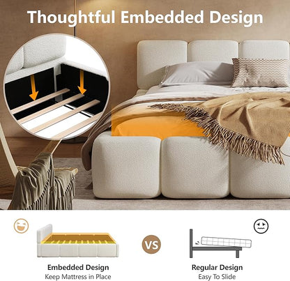 Christopher Knight Home Hazel King Size Platform Bed, Boucle Thick Headboard and Footboard, Upholstery Grounded Beds, Block Style, Wood Slats Panel Support, No Spring Box Needed, Easy Assembly, White