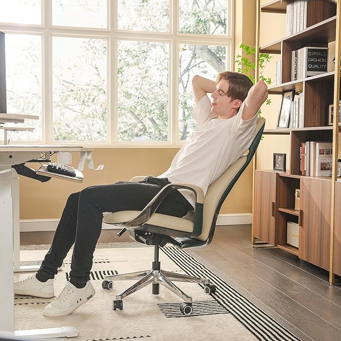 EUREKA ERGONOMIC Comfortable Office Chair Ergonomic Desk Chair, Genuine Leather Office Chair Big and Tall Executive Chair with Lumbar Support, Modern Ergonomic Chair with Wheels for Home Office- Beige