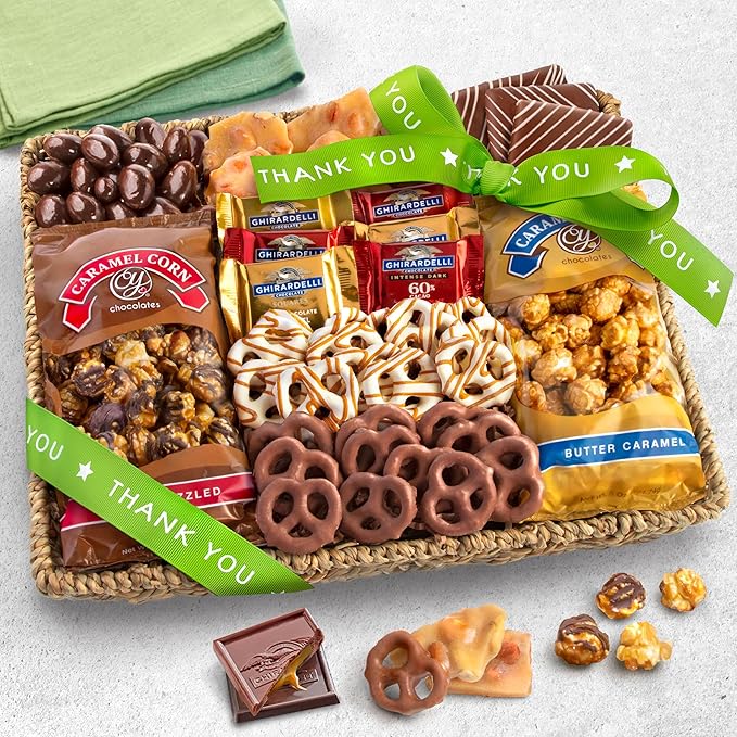 A Gift Inside Thank You Chocolate Caramel and Crunch Grand Gift Basket with Snacks, Pretzels, Ghirardelli and Chocolate-covered Nuts