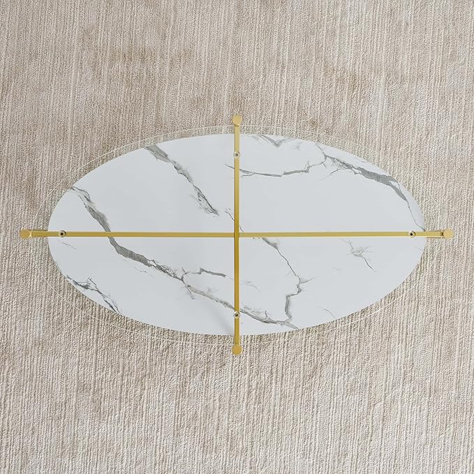 Oval Glass Coffee Table, Mid-Century Modern Design, L43 x W22 x H17 inch, Surfboard Shaped Clear Glass Top and White Marble Finish Wood Shelf, Tapered Legs with Gold Finish Frame
