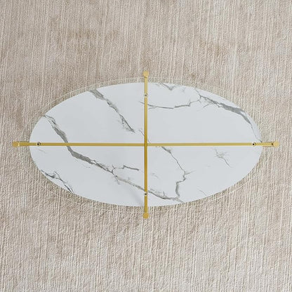 Oval Glass Coffee Table, Mid-Century Modern Design, L43 x W22 x H17 inch, Surfboard Shaped Clear Glass Top and White Marble Finish Wood Shelf, Tapered Legs with Gold Finish Frame