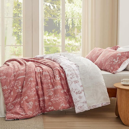Bedsure Twin/Twin XL Comforter Set - Grayish Pink Bed Set, 2 Pieces Cute Floral Bedding, 1 Soft Reversible Botanical Flowers Comforter and 1 Pillow Sham