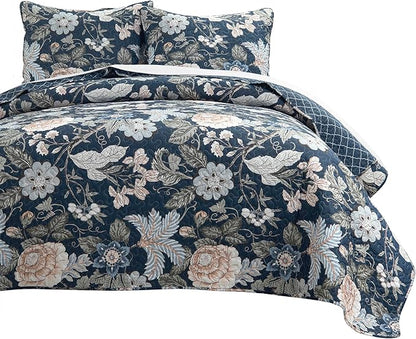 Lush Decor Sydney Reversible Cotton Quilt Set King 3 Piece Bedding, Navy Multi
