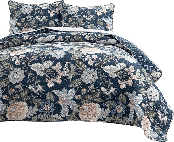 Lush Decor Sydney Reversible Cotton Quilt Set Queen 3 Piece Bedding, Navy Multi