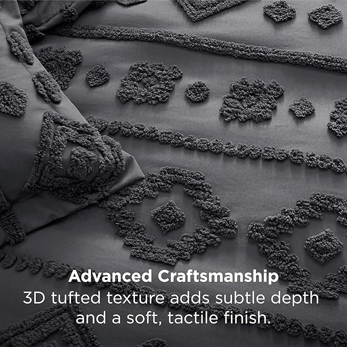 Bedsure King Size Comforter Set - Dark Grey Tufted Boho Bed Set, Farmhouse Shabby Chic Embroidery Bedding for All Seasons, 3 Pieces, 1 Soft Jacquard King Comforter and 2 Pillow Shams