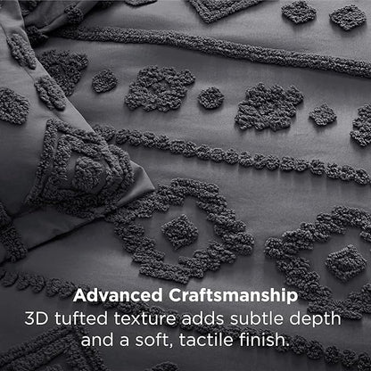 Bedsure Queen Size Comforter Set - Dark Grey Tufted Boho Bed Set, Farmhouse Shabby Chic Embroidery Bedding for All Seasons, 3 Pieces, 1 Soft Jacquard Queen Comforter and 2 Pillow Shams