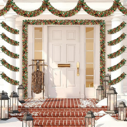 50FT Christmas Tinsel Garland, Red Green&Gold Metallic Twist Shiny Hanging Garland Ornaments for Christmas Tree, Party Supplies Thick Metallic Xmas Streamers