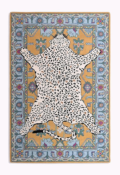 Handmade Leopard Wool Area Rug with Traditional Oushak Motif – Exquisite Animal Print Cheetah Rugs for Living Room, Bedroom | Plush Texture, Vintage Style, Thick & Durable Carpet (Blue, 6' x 9')