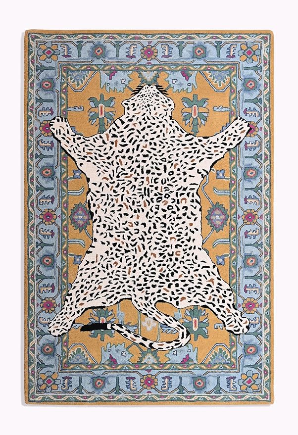 Handmade Leopard Wool Area Rug with Traditional Oushak Motif – Exquisite Animal Print Cheetah Rugs for Living Room, Bedroom | Plush Texture, Vintage Style, Thick & Durable Carpet (Blue, 5' Round)