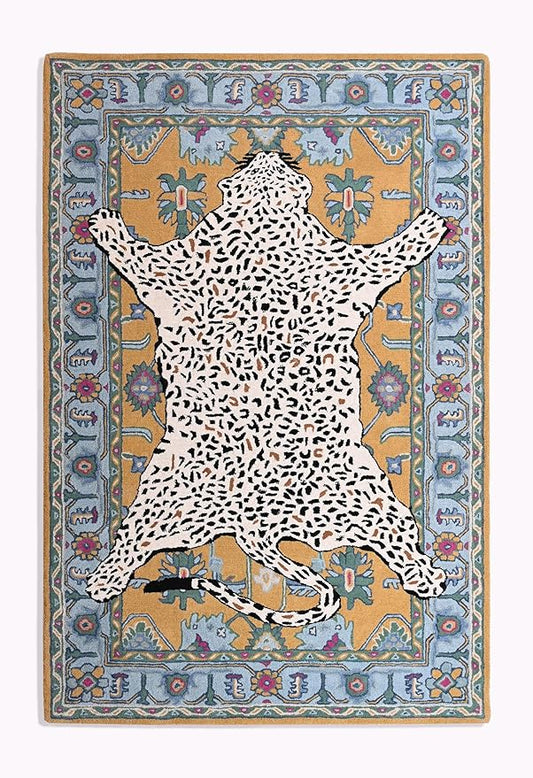 Handmade Leopard Wool Area Rug with Traditional Oushak Motif – Exquisite Animal Print Cheetah Rugs for Living Room, Bedroom | Plush Texture, Vintage Style, Thick & Durable Carpet (Blue, 6' Round)
