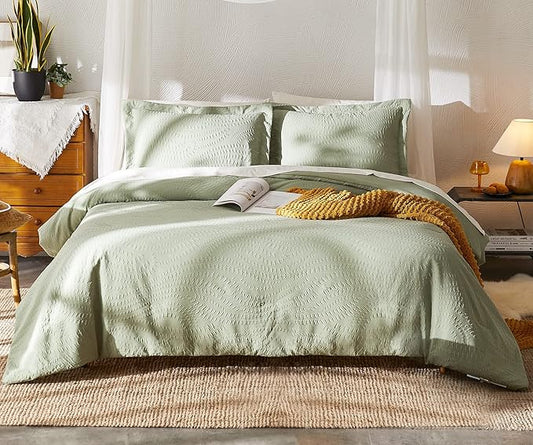 Geniospin King Comforter Set - 7 Pieces Textured Sage Green Bedding Sets, Boho Shabby Chic Comforter Set, All Season Comfortable Bed in a Bag with Comforter, Sheets, Pillowcases & Shams