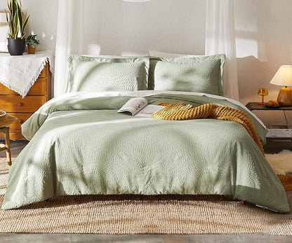Geniospin Queen Comforter Set - 7 Pieces Botanical Textured Sage Green Bedding Sets, Boho Shabby Chic Comforter Set, All Season Lightweight Bed in a Bag with Comforter, Sheets, Pillowcases & Shams