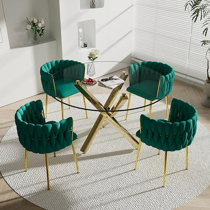 Gold Luxury Round Dining Room Table Set for 4, 47'' Modern Minimalist Circle Kitchen Table Set, 5 Pcs Large Clear Circular Glass Top Dinner Set, Green Retro Woven Chairs Set, for Apartment