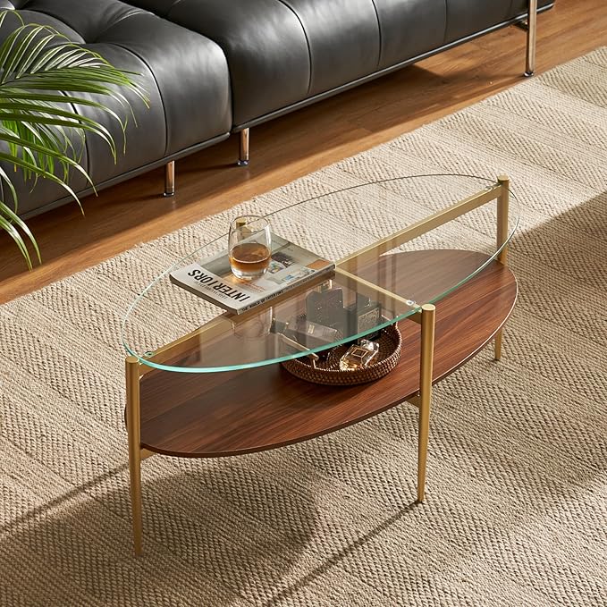 Saint Mossi Olive Glass Coffee Table for Living Room, Mid Century Modern Center Table, Surfboard Clear Glass & Coffee Brown MDF Bottom Shelf with Rounded Corners, L41xW21xH17, Gold Table Legs