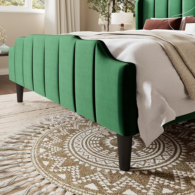 Allewie Vintage Queen Size Velvet Platform Bed Frame with Curved Vertical Tufted Wingback Headboard and Footboard, Charging Station, Easy Assembly, Under Bed Storage, No Box Spring Required, Green