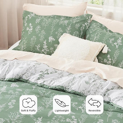Bedsure Full Comforter Set - Green Bed Set, 3 Pieces Cute Floral Bedding, 1 Soft Reversible Botanical Flowers Comforter and 2 Pillow Shams