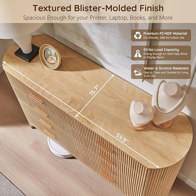 Fluted 8 Drawer Dresser for Bedroom with Curved Profile Design,53.9" W Wide Chest of Drawers with Reeded Front Panels,Wide Storage Cabinet with Smooth-Glide Drawers for Living Room,Natural Oak