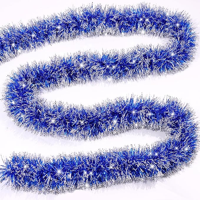 33FT Blue Tinsel Christmas Garland Metallic Twist Shiny Garland for Christmas Tree Decorations, Xmas Holiday Hanging Garland for Home Indoor Outdoor Party Supplies Decor (Blue, White)