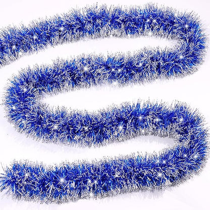 33FT Blue Tinsel Christmas Garland Metallic Twist Shiny Garland for Christmas Tree Decorations, Xmas Holiday Hanging Garland for Home Indoor Outdoor Party Supplies Decor (Blue, White)