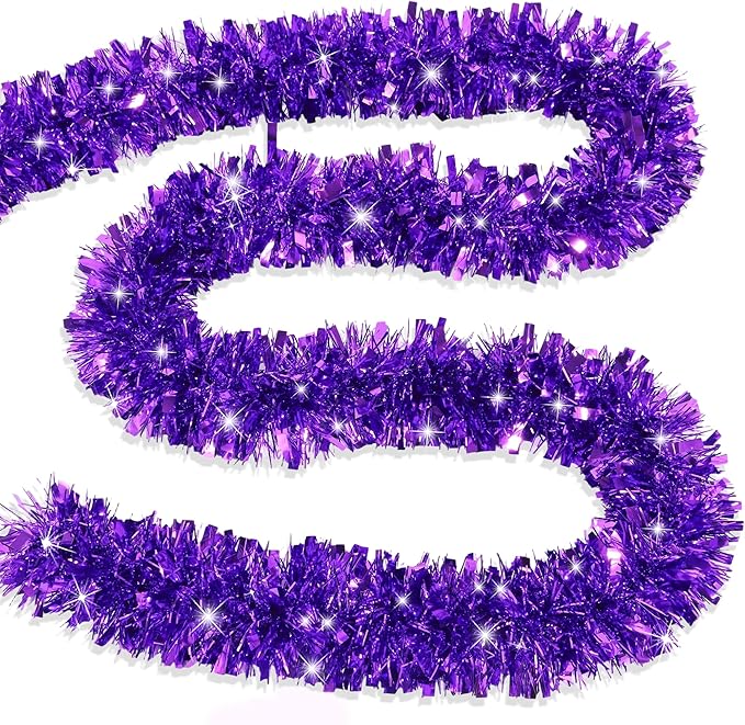 33FT Purple Tinsel Christmas Garland Metallic Twist Shiny Garland for Christmas Tree Decorations, Xmas Holiday Hanging Garland for Home Indoor Outdoor Party Supplies Holiday Decor