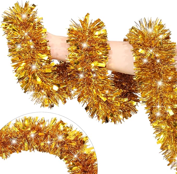 50 FT Gold Christmas Tinsel Garland Christmas Decorations for Xmas Tree Decor, Shiny Metallic Twist Hanging Tinsel Garlands for Stairs Mantle Fireplace Home Indoor Outdoor Holiday Party Supplies