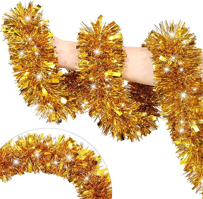 50 FT Gold Christmas Tinsel Garland Christmas Decorations for Xmas Tree Decor, Shiny Metallic Twist Hanging Tinsel Garlands for Stairs Mantle Fireplace Home Indoor Outdoor Holiday Party Supplies