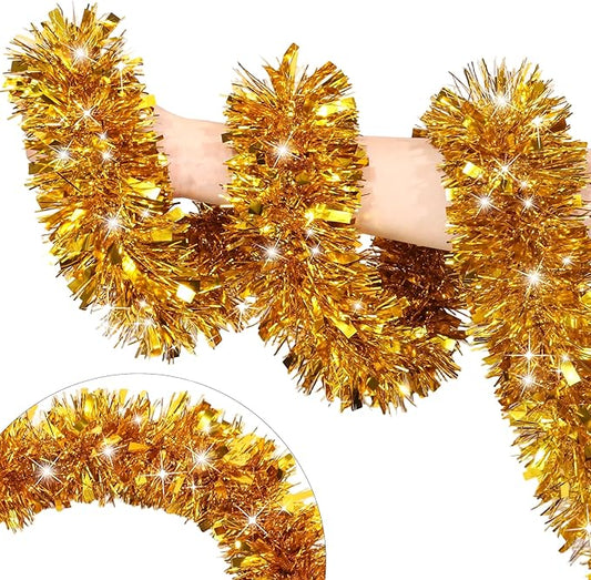 50 Feet Gold Christmas Tinsel Garland for Christmas Tree Decorations, Xmas Metallic Twist Shiny Hanging Garland Decor for Mantle Stairs Fireplace Home Holiday Indoor Outdoor
