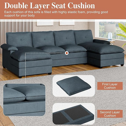 Meilocar U Shaped Sectional Sofa 110" 4 Seat Large Cloud Couch with Wide Chaise Double Cushions, Grey