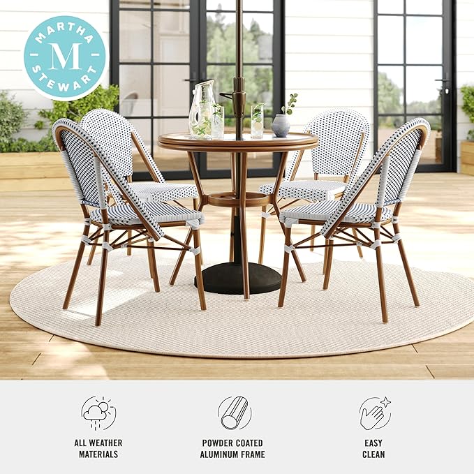 Martha Stewart Lily Pond 31” Round Indoor-Outdoor Bistro Dining Table with Aluminum Frame in Natural Woodgrain and Rattan Top in White/Navy with Tempered Glass Top