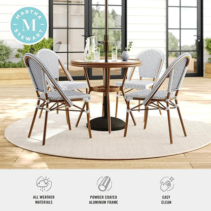 Martha Stewart Lily Pond 31” Round Indoor-Outdoor Bistro Dining Table with Aluminum Frame in Natural Woodgrain and Rattan Top in White/Navy with Tempered Glass Top
