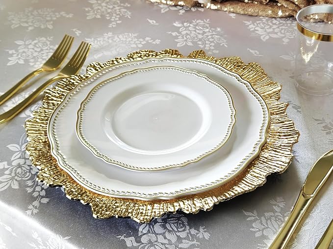 " OCCASIONS " 240 Plates Pack,(120 Guests) Heavyweight Premium Disposable Plastic Plates Set -120 x 10.25'' Dinner + 120 x 7.5'' Salad/Dessert (Rochelle White and Gold)