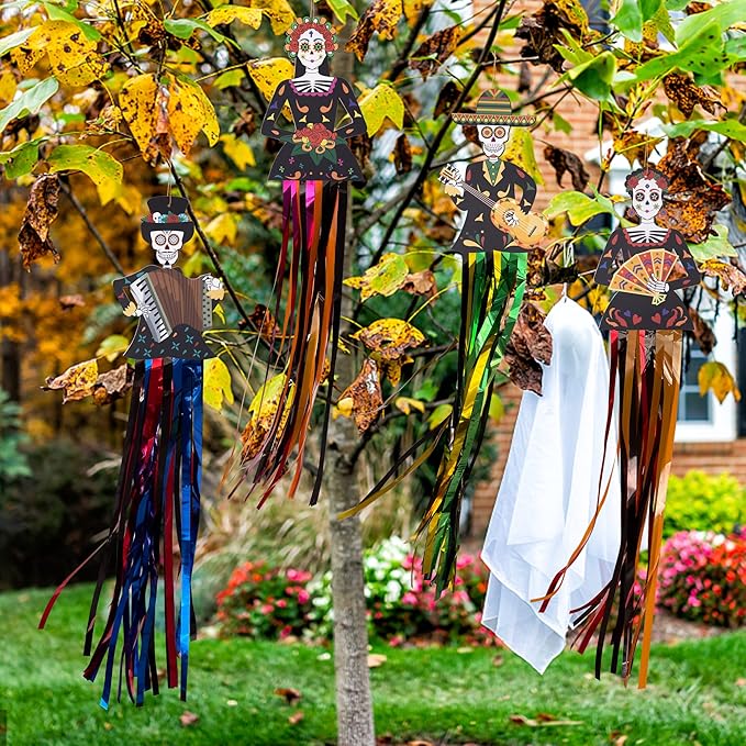 codree 4 PCS Day of The Dead Sugar Skull Hanging Decorations-27.5x5 Inch Dia De Los Muertos Hanging Decorations for Day of The Dead Halloween Party Home Outdoor Decor
