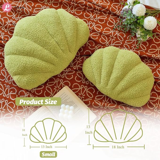Green Seashell Throw Pillows, Shell Shaped Throw Pillows, 13 Inch Soft Home Decorative Pillow Plush Cushion for Bed Couch Living Room Decor Accent Throw Pillow