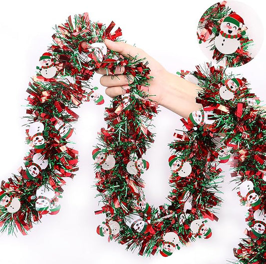 Christmas Garland Xmas Decorations 33 FT Red Green Christmas Tinsel Garland with Snowman Ornaments, Metallic Christmas Tree Garland Indoor Outdoor for Home Mantle Xmas Party Holiday Decor Gifts