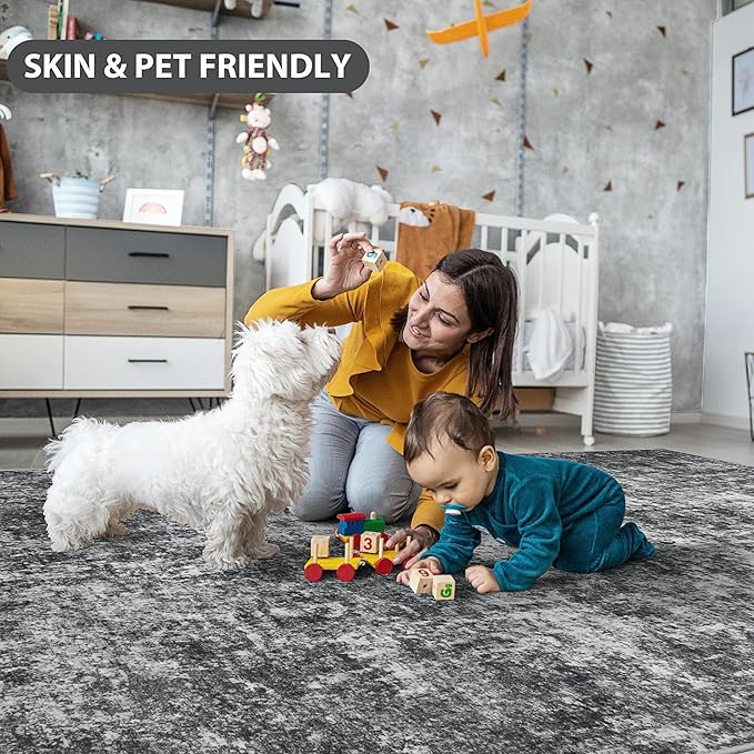 5x7 Area Rugs for Living Room Rug Washable: Abstract Rug for Dining Room Bedroom Carpet Non Slip 5 by 7 Indoor Modern Nursery Home Office Black Grey