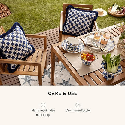 MACKENZIE-CHILDS Enamel Round Tray, Unique Serving Platter for Food and Drinks, Blue-and-White Royal Check