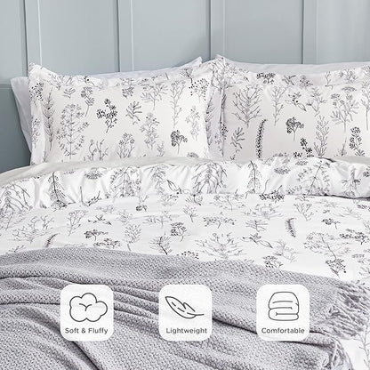 Bedsure Queen Comforter Set - Bright White Bed Set, 3 Pieces Cute Floral Bedding, 1 Soft Reversible Botanical Flowers Comforter and 2 Pillow Shams