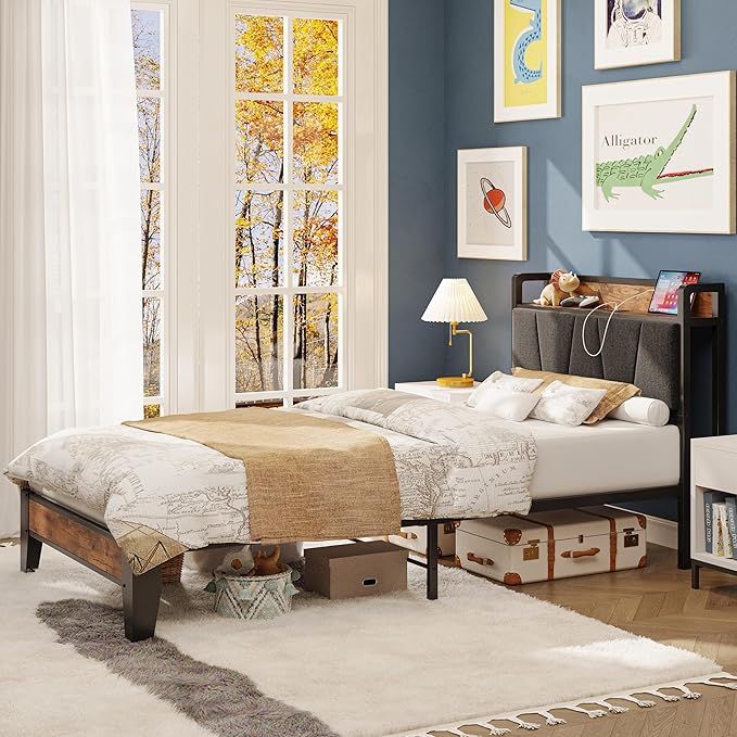 LIKIMIO Twin XL Bed Frames, Storage Headboard with Charging Station, Solid and Stable, Noise Free, No Box Spring Needed, Easy Assembly