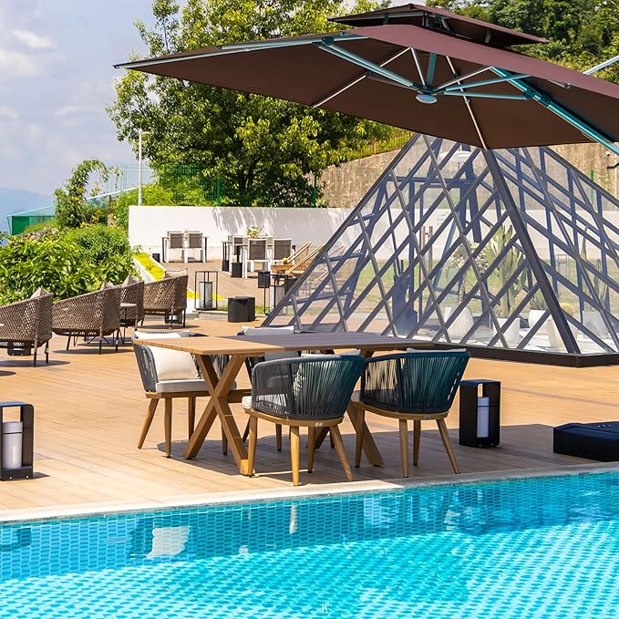 PURPLE LEAF 5 Pieces Patio Dining Table Set Wicker Outdoor Furniture Rectangular Table and Chairs Set for Garden Deck Teak-Finish Aluminum Frame Backyard Kitchen Set, Cushions and Pillows Included