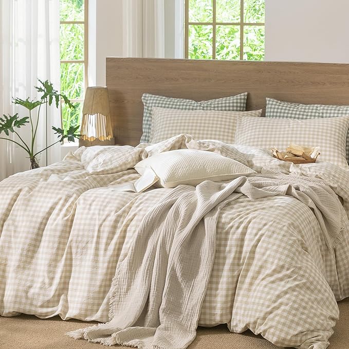MooMee Gingham Duvet Cover Set 100% Washed Cotton Linen Like Textured Breathable Durable Soft Comfy Modern Checkered Design (Almond Milk Grey Gingham, Queen 90"x90")