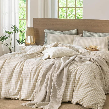 MooMee Gingham Duvet Cover Set 100% Washed Cotton Linen Like Textured Breathable Durable Soft Comfy Modern Checkered Design (Almond Milk Grey Gingham, Twin 68"x90")