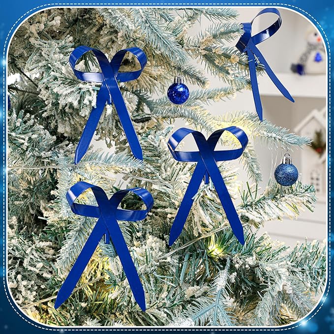 12 Pcs 2025 Metal Christmas Bow Ornaments for Christmas Tree Garland Wreath Bulk Bow with Clip Ornament Vintage Indoor Outdoor Home Xmas Party Decorations, 4 x 5 Inches (Blue)