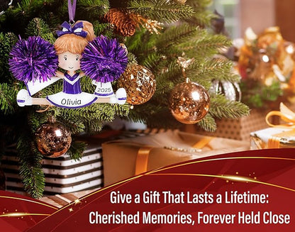 Personalized Cheerleader Christmas Ornament 2025 | Cheer Girl Dancer Cheerleading with Purple Pompom Ornament for Christmas Tree | Pom Pom Dance Gift