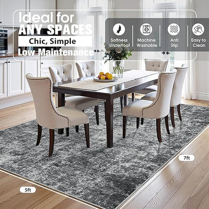5x7 Area Rugs for Living Room Rug Washable: Abstract Rug for Dining Room Bedroom Carpet Non Slip 5 by 7 Indoor Modern Nursery Home Office Black Grey