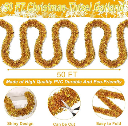 50 FT Gold Christmas Tinsel Garland Christmas Decorations for Xmas Tree Decor, Shiny Metallic Twist Hanging Tinsel Garlands for Stairs Mantle Fireplace Home Indoor Outdoor Holiday Party Supplies