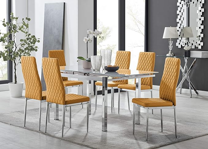 Furniturebox UK Enna White Glass Extending Dining Table and 6 Milan Chairs (6 Mustard Chairs)