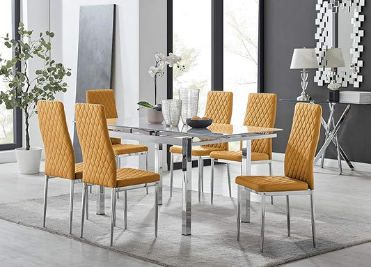 Furniturebox UK Enna White Glass Extending Dining Table and 6 Milan Chairs (6 Mustard Chairs)