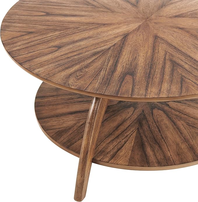 Martin Svensson Home Round Wood Retro Mid-Century Modern Round Wood Coffee Table with Lower Shelf, Cocktail Table for Living Room or Den. Nutmeg Brown.
